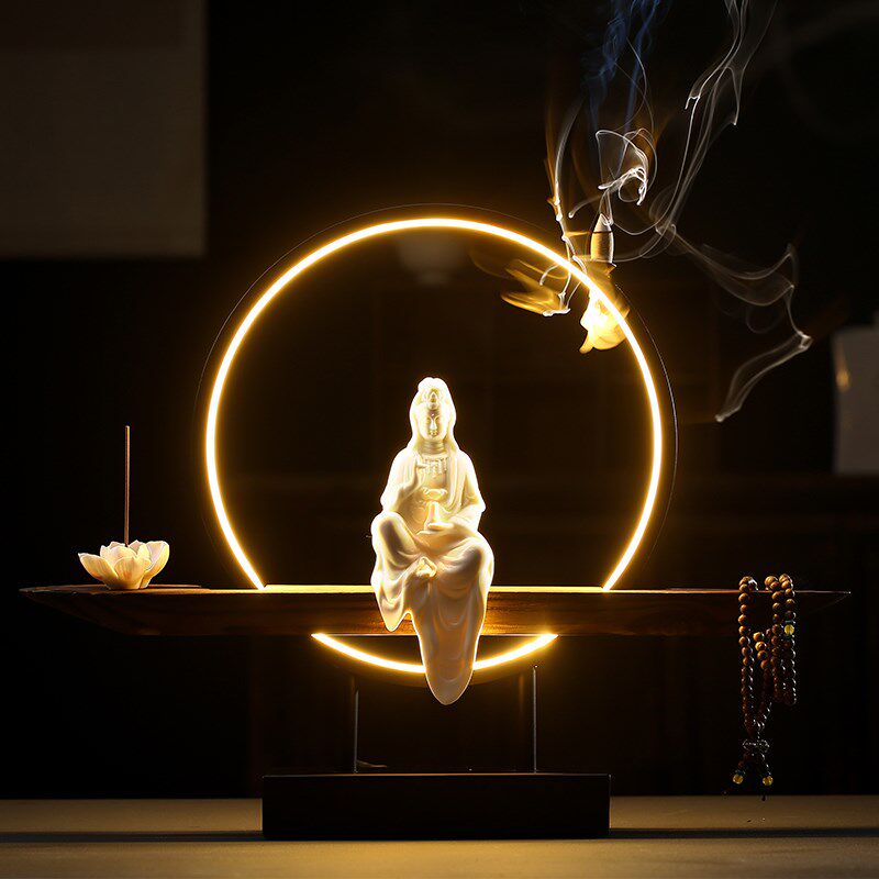 守淘人精品茶宠摆件禅意灯圈倒流香观音菩萨佛像人物客厅中式摆件