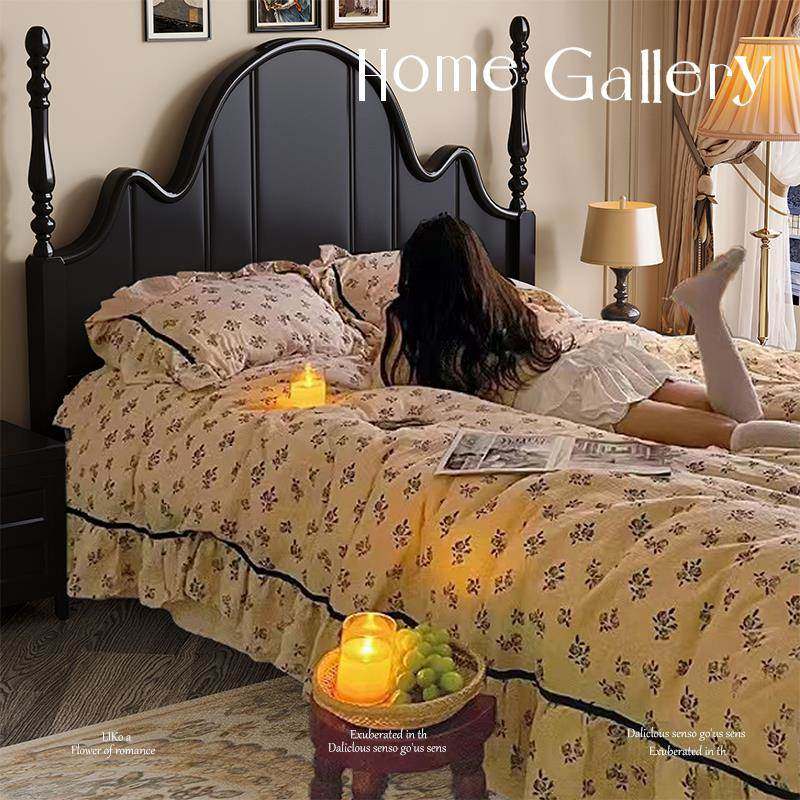 法式古实木床代黑色1.F779TMSJ5m双复人床现简约中古风婚轻奢美式