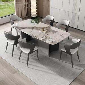 意式极简岩板餐桌不直锈约钢月牙奢高VEZ档桌组合长方形边简轻现