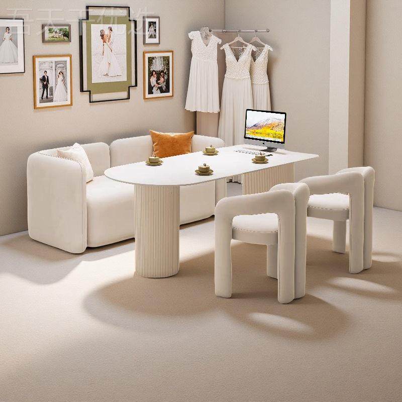 奶油风影楼选片甲区OIB桌椅组合婚纱闲店洽谈沙卡发休美店化妆接