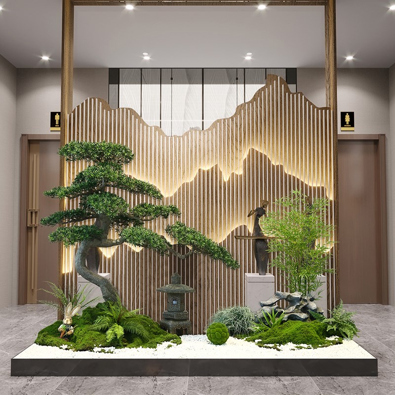 新中式仿真松树迎客松罗汉松室内楼梯下景观造景装饰绿植盆景摆件