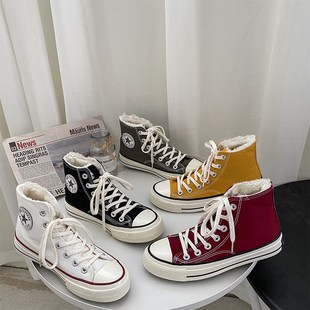 加绒大码女鞋41一43秋冬季韩版白色高帮帆布鞋脚宽胖保暖二棉板鞋