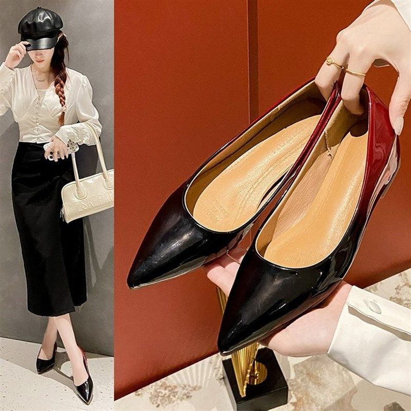 内增高单鞋女2024春季新款黑红渐变色漆皮尖头平底鞋设计感小皮鞋,女鞋,浅口单鞋,淘宝优惠券,粉丝福利购,淘宝优惠卷