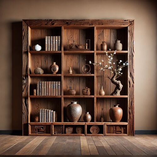 侘寂风实木博古架风化木储物置物架落地多层老榆木收纳展示柜