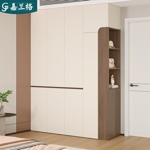 奶油风分段式 免拉手衣柜家用卧室一体靠墙衣橱衣帽间到顶衣柜定制