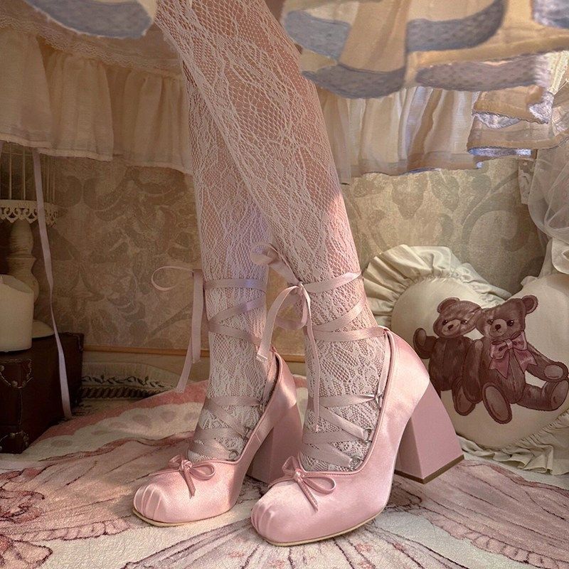 法式交叉绑带高跟鞋粗跟粉色少女芭蕾风鞋2025新款lolita方头单鞋,女鞋,玛丽珍鞋,淘宝优惠券,粉丝福利购,淘宝优惠卷