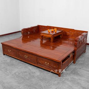 推拉罗汉床老榆木抽拉床实木沙发床榫卯雕罗汉塌