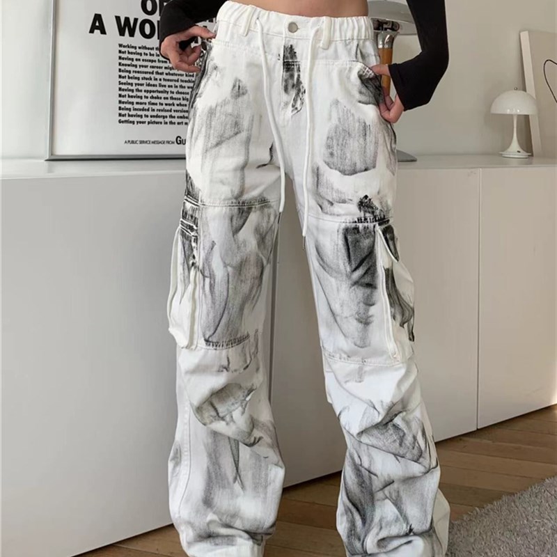 美式高街复古扎染多口袋工装牛仔裤大码女装宽松高腰直筒阔腿裤潮