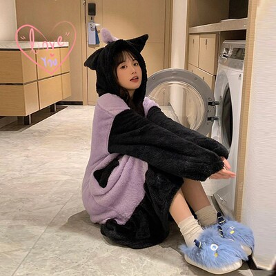库洛米睡衣可爱睡袍长款家居服加绒加厚珊瑚绒女款冬季卡通可外穿