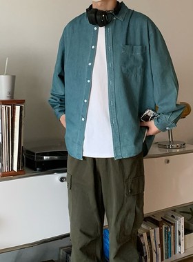 蓝色牛仔衬衫男生日系宽松休闲斜口袋长袖工装衬衣外套darkmatter