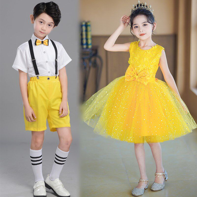 幼儿我们都是小星星舞蹈演出服可爱宝贝六一儿童蓬蓬纱裙黄表演服