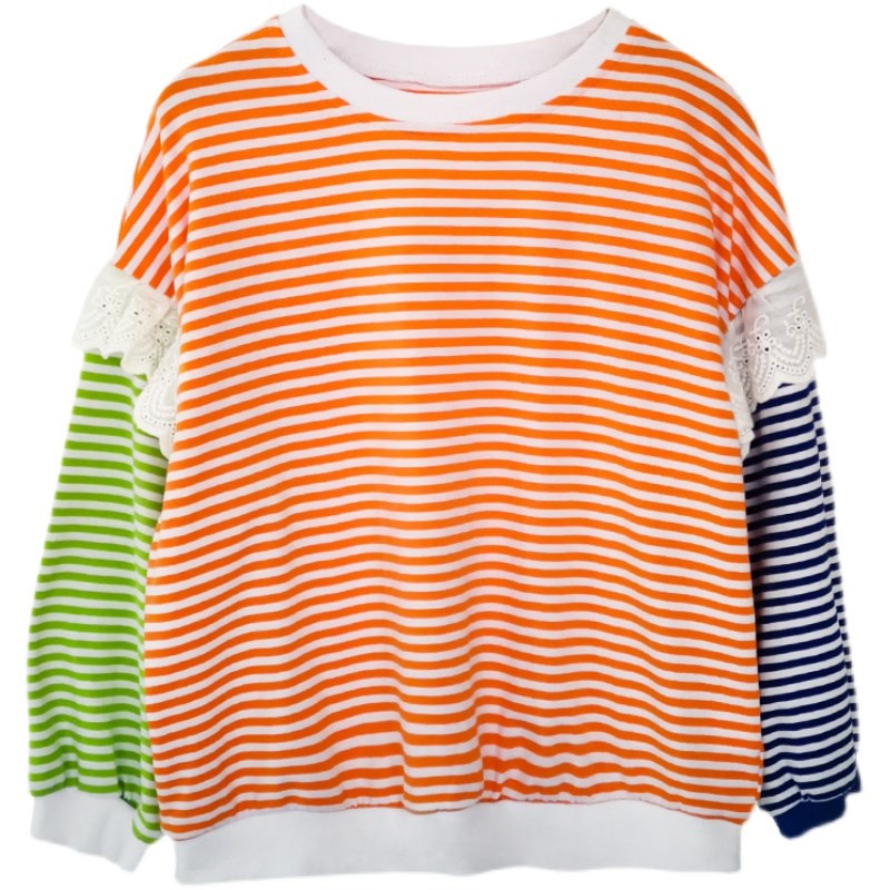 2023春童装新款女童条纹T中大童纯棉蕾丝边宽松上衣儿童打底衫潮
