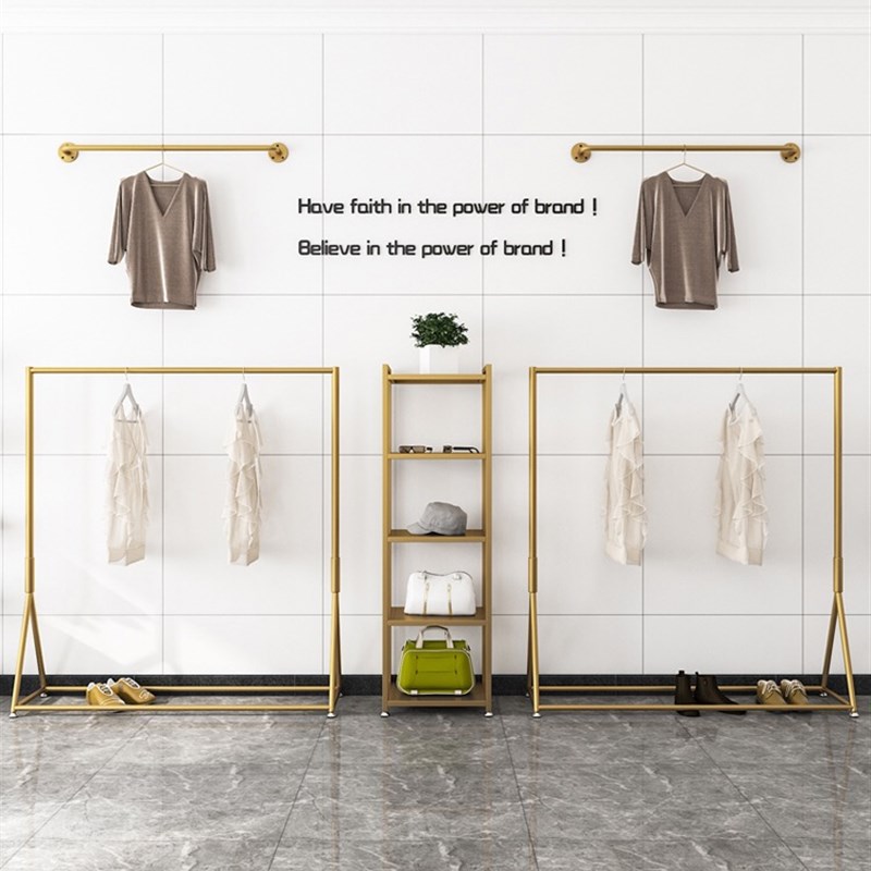 加厚铁艺服装衣帽展示架落地式男女装店上墙金色侧挂童装衣服货架