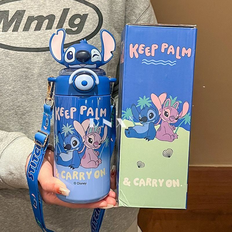 史迪仔儿童保温杯卡通便携不锈钢水壶学生可爱背带水杯吸管弹跳杯