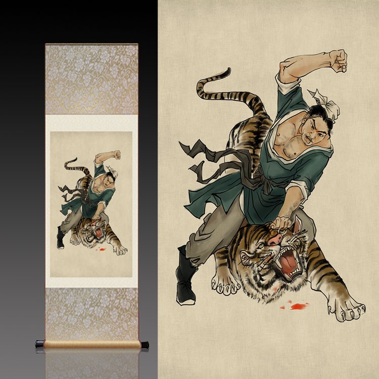 武松打虎卷轴画丝绸画水浒人物国画水墨画丝绸礼品可定制已装裱