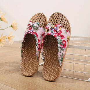 藤编拖鞋女款夏季2025新款办公室内家居防滑亚麻编织藤草地板凉拖