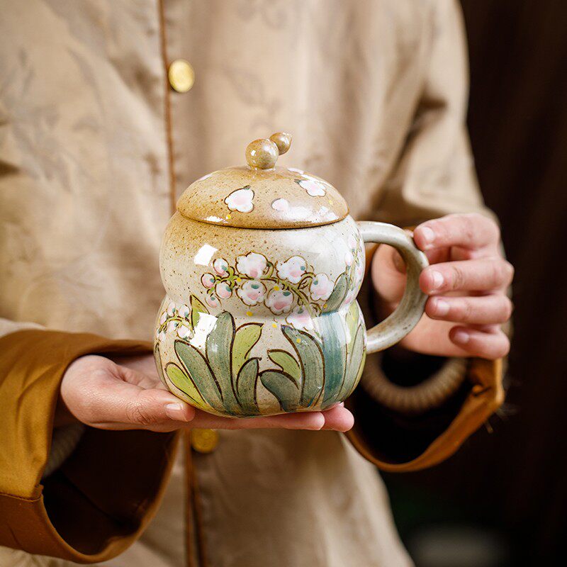 景德镇釉下彩手绘陶瓷葫芦杯水杯带盖高颜值复古马克杯耐高温杯子