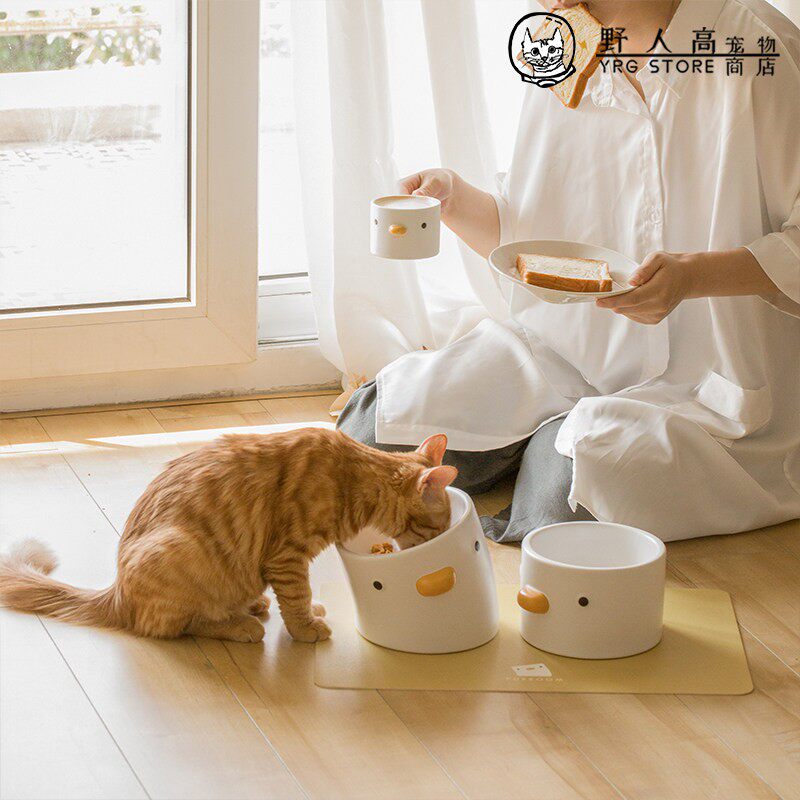野人高宠物 PURROOM陶瓷小鸡猫碗斜口加高预防黑下巴食盆保护颈椎