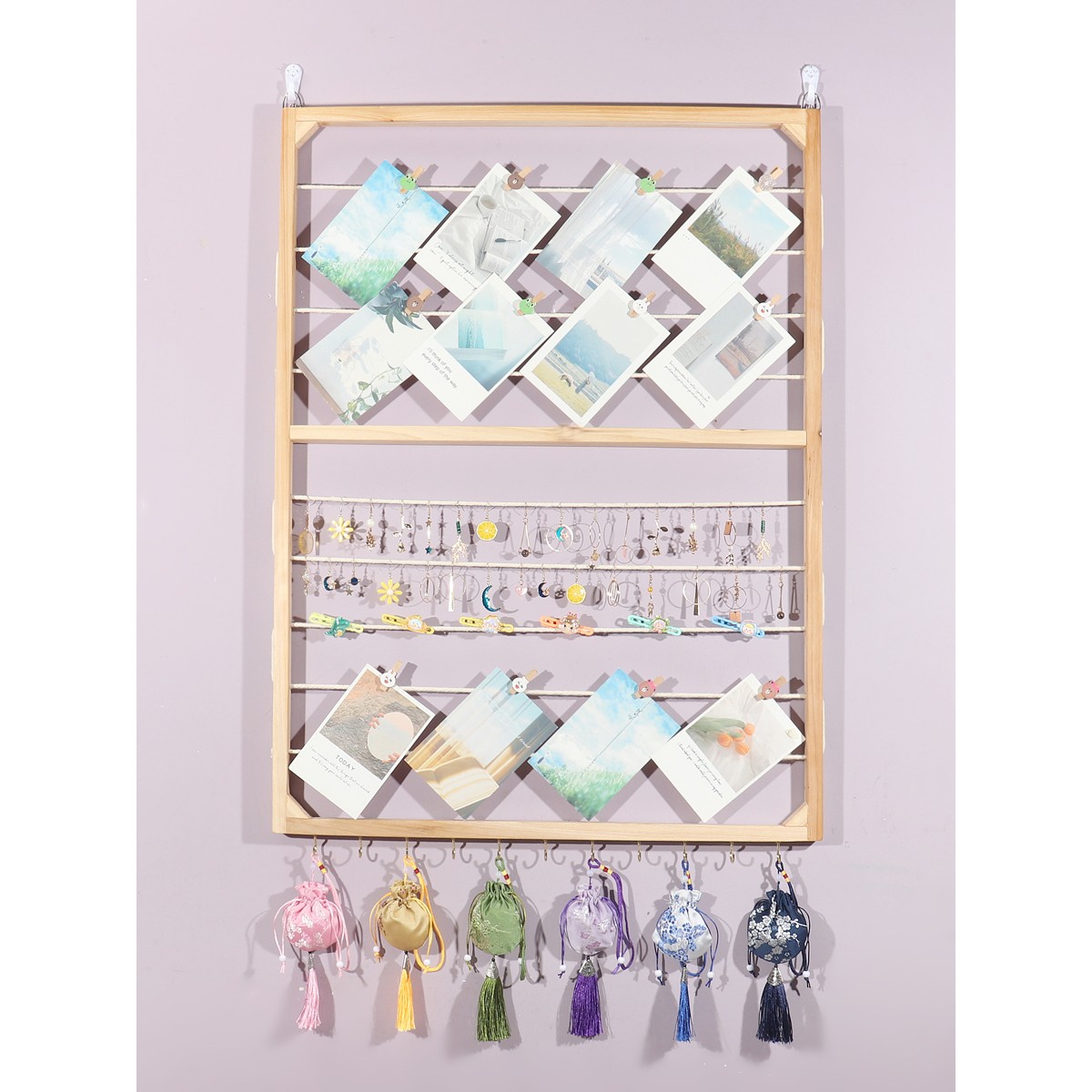 创意实木收纳装饰架麻绳挂饰架幼儿园美工区作品展示架挂墙网格架