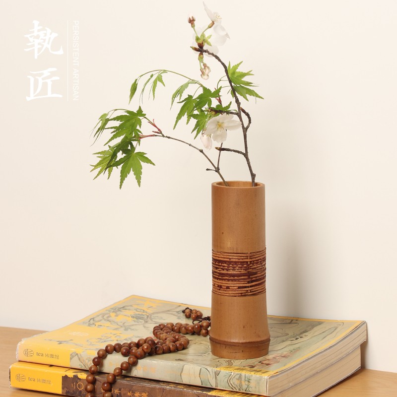 日式纯手工竹节花器禅意摆件客厅插花竹筒水培器皿可蓄水花篮笔筒