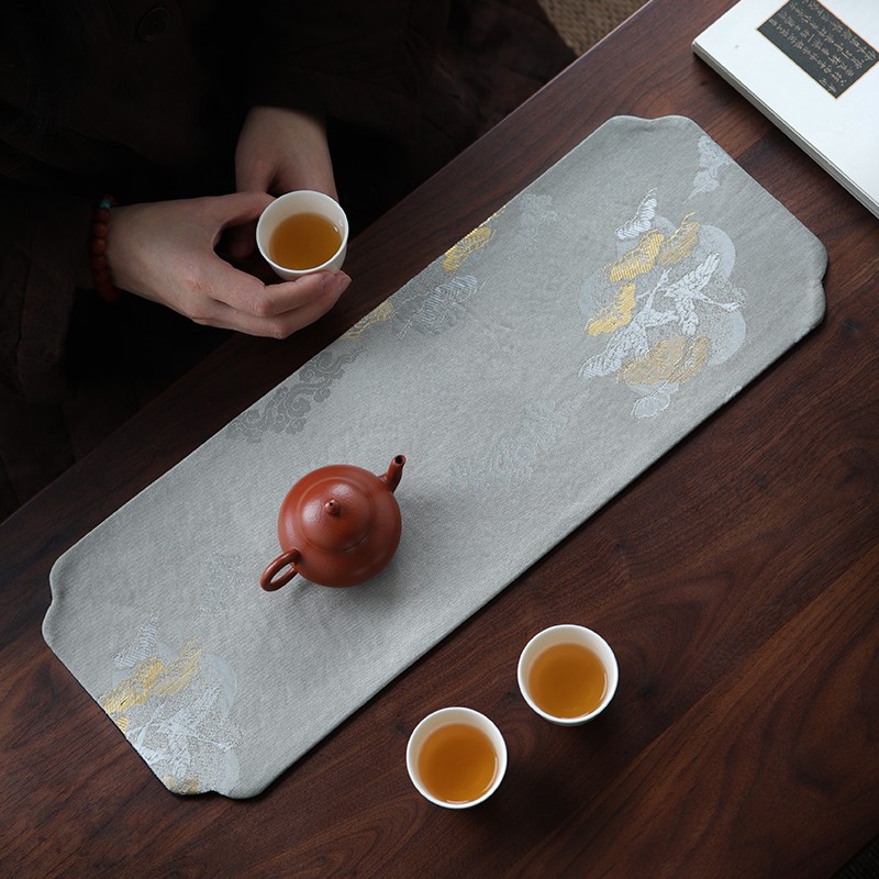 中式轻奢仿丝布艺干泡茶室黑色小茶席桌布禅意松鹤茶道壶承盖碗垫