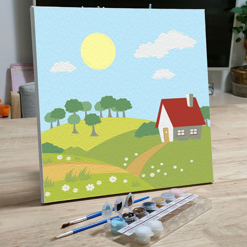 diy手工儿童画画数字油画涂色画板油彩画卡通风景填充填色丙烯画