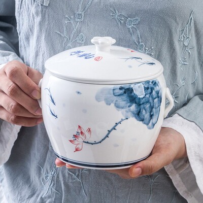 闽南溢鸭汤隔水家用手绘釉下彩陶瓷肉汤分离炖锅内胆带孔补品炖盅