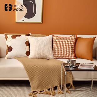 抱枕沙发客厅轻奢高级感真皮法式橙色抱枕套现代简约牛皮靠枕靠垫