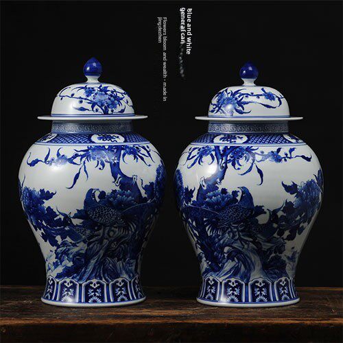 景德镇花瓶陶瓷器摆件 仿古手绘青花瓷将军罐茶叶盖罐 复古装饰品