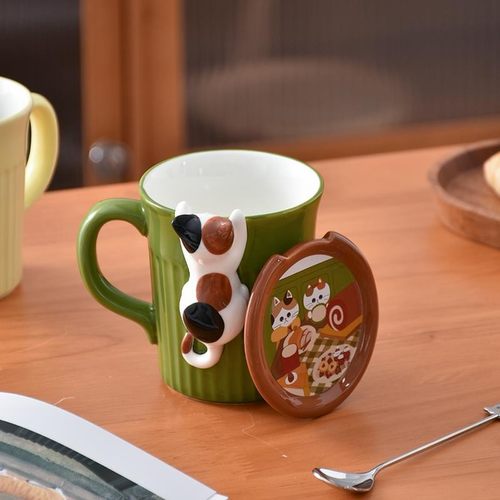 PiaJi 猫主子在线监督你喝水啦 可爱探头猫咪马克杯带盖陶瓷杯子