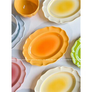 北欧ins渐变色高颜值陶瓷盘子创意牛排盘意面椭圆盘花朵造型甜品