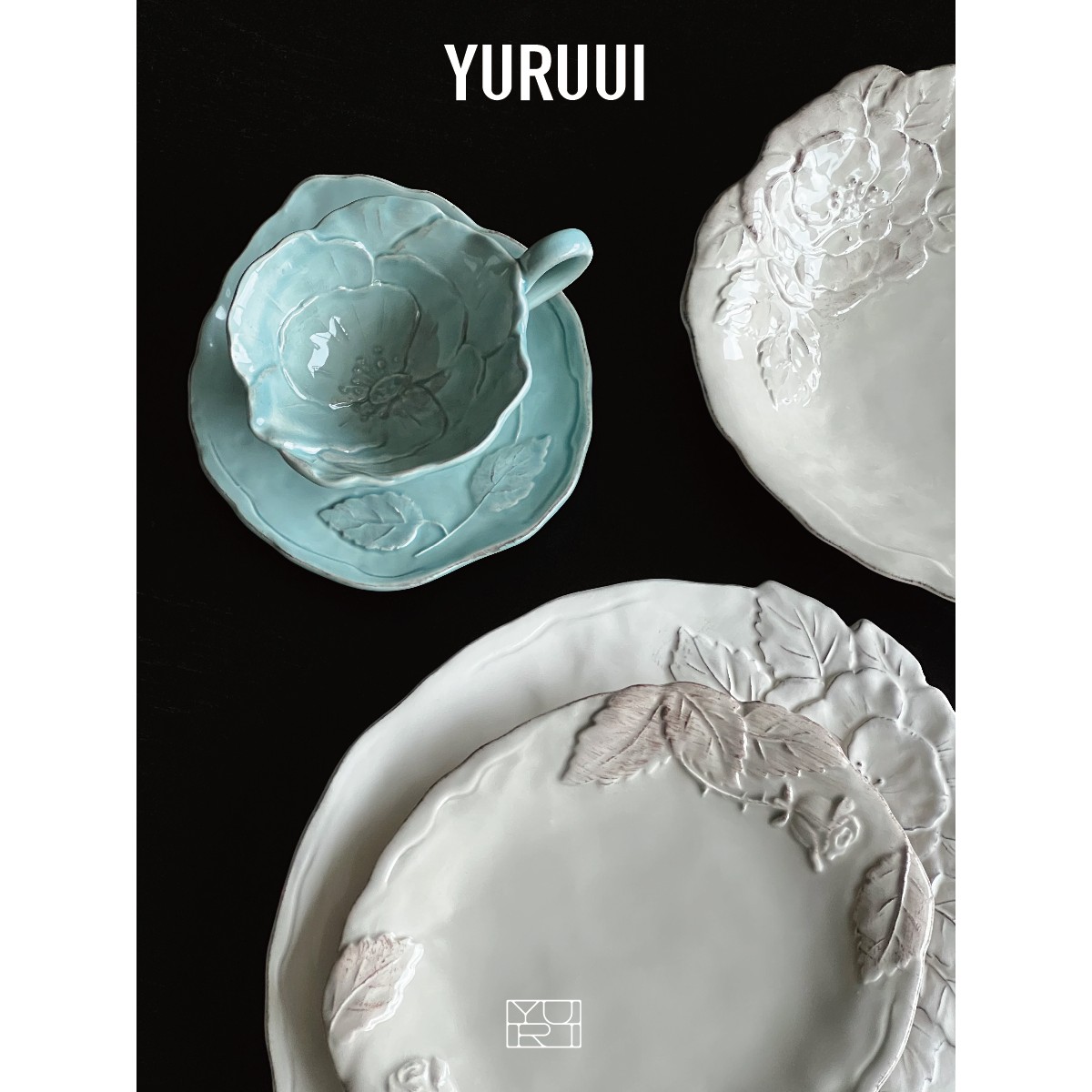 [YURUUI设计师]意大利Virginia Casa粗陶花朵浮雕陶瓷咖啡杯套组