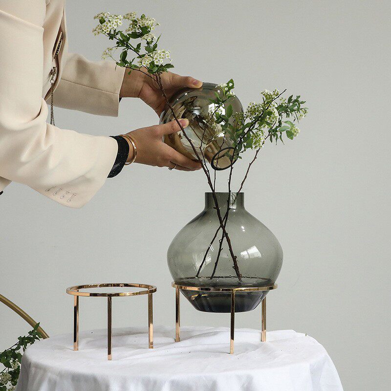 ins风现代简约金属架花艺插花鲜花水培高档客厅挂壁透明玻璃花瓶