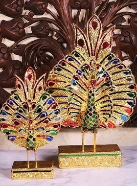 泰国进口东南亚风格实木金箔孔雀摆件玄关SPA会所餐厅装饰工艺品