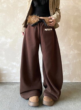 NowAndHere美式可拆卸毛领字母阔腿加绒卫裤女辣妹宽松休闲阔腿裤