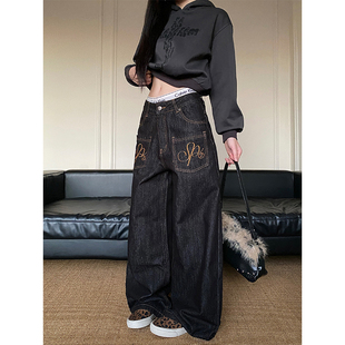 NOWANDHERE美式复古刺绣翅膀牛仔裤女vintage宽松直筒堆积感裤子