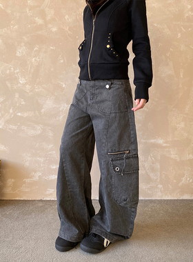 NowAndHere美式复古宽松拉链多口袋弯刀工装裤女阔腿百搭休闲长裤