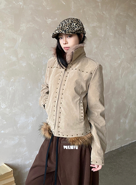 NowAndHere美式可拆卸毛领铆钉短款外套麂皮绒夹克夹棉正肩上衣