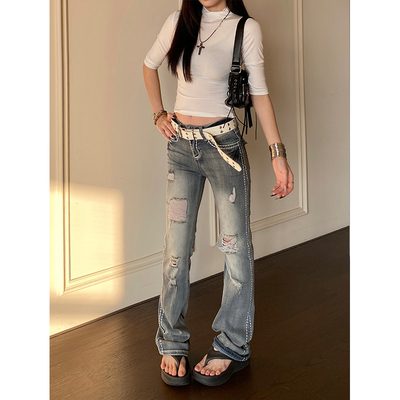 韩系水洗破洞直筒牛仔裤女