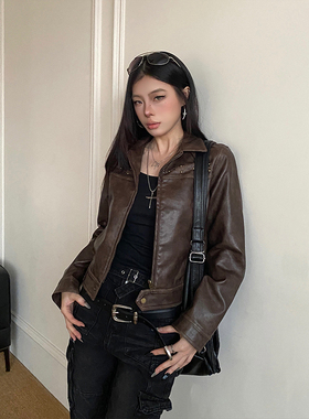 NowAndHere美式复古哈灵顿机车PU皮夹克外套女修身显瘦短款上衣