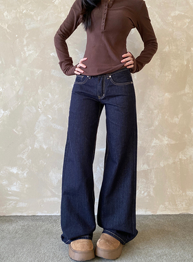 NowAndHere美式辣妹复古低腰牛仔裤女vintage修身直筒显瘦长裤