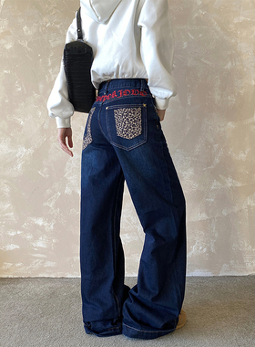 NOWANDHERE美式豹纹刺绣字母牛仔裤朋克复古重工铆钉刺绣牛仔裤