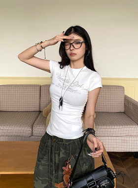 NOWANDHERE美式烫钻字母圆领显瘦短袖女夏季复古y2k古早味正肩t恤