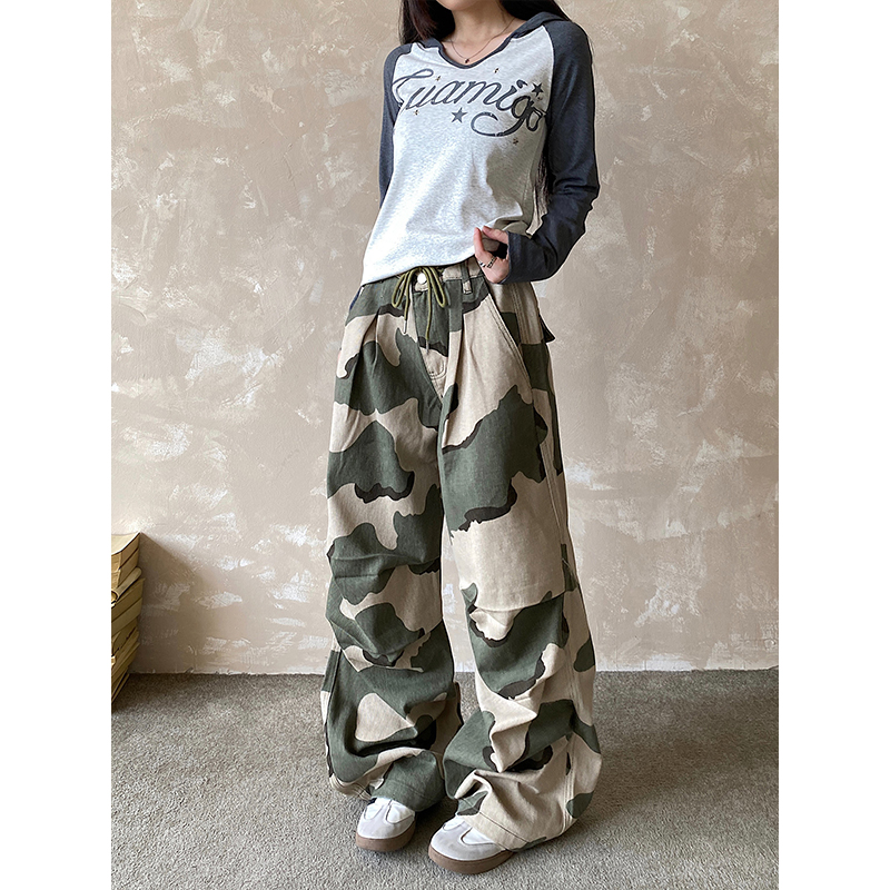 美式复古迷彩阔腿长裤男女百搭