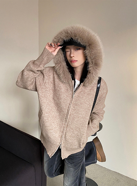 NowAndHere可拆卸毛领双拉链毛衣女秋冬慵懒感软糯针织开衫外套