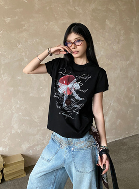 NOWANDHERE美式复古苹果图案索罗那T恤女boxy版型正肩显瘦上衣潮