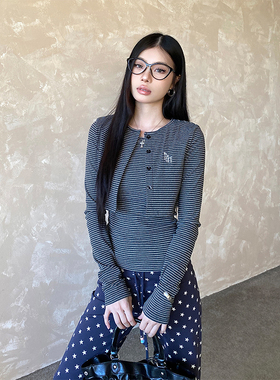 NOWANDHERE美式复古薄款条纹假两件长袖T恤女百搭修身显瘦上衣