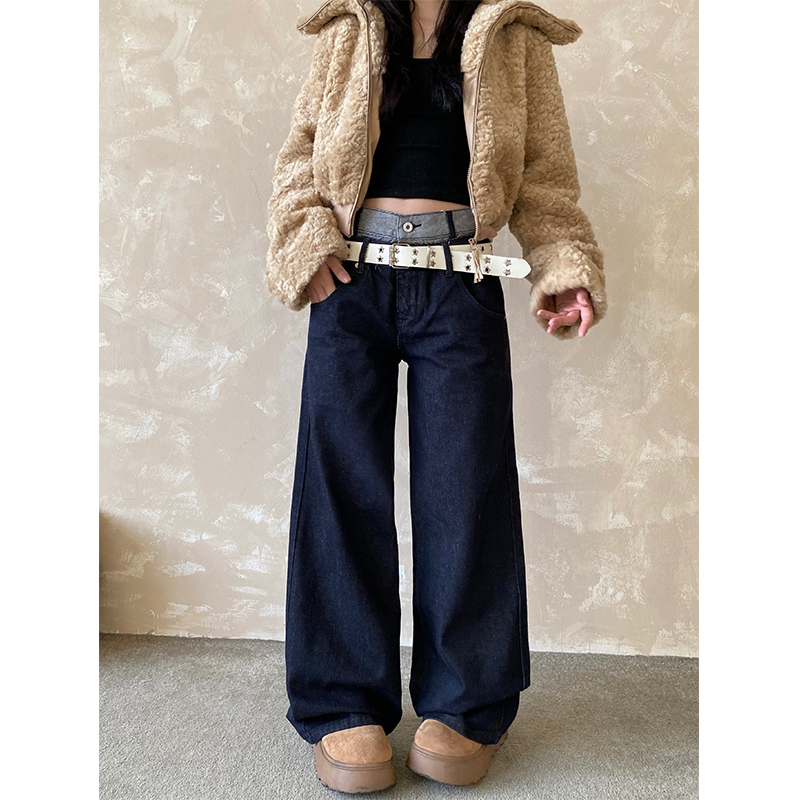 美式撞色双腰头直筒牛仔裤