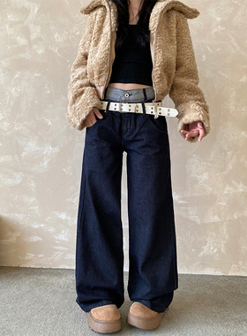 NowAndHere美式撞色双腰头直筒牛仔裤男女宽松百搭显瘦休闲长裤