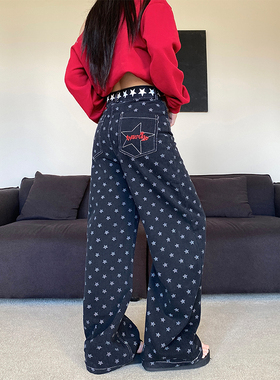 NOWANDHERE美式满印星星绑带设计感牛仔裤女宽松显瘦阔腿裤子潮